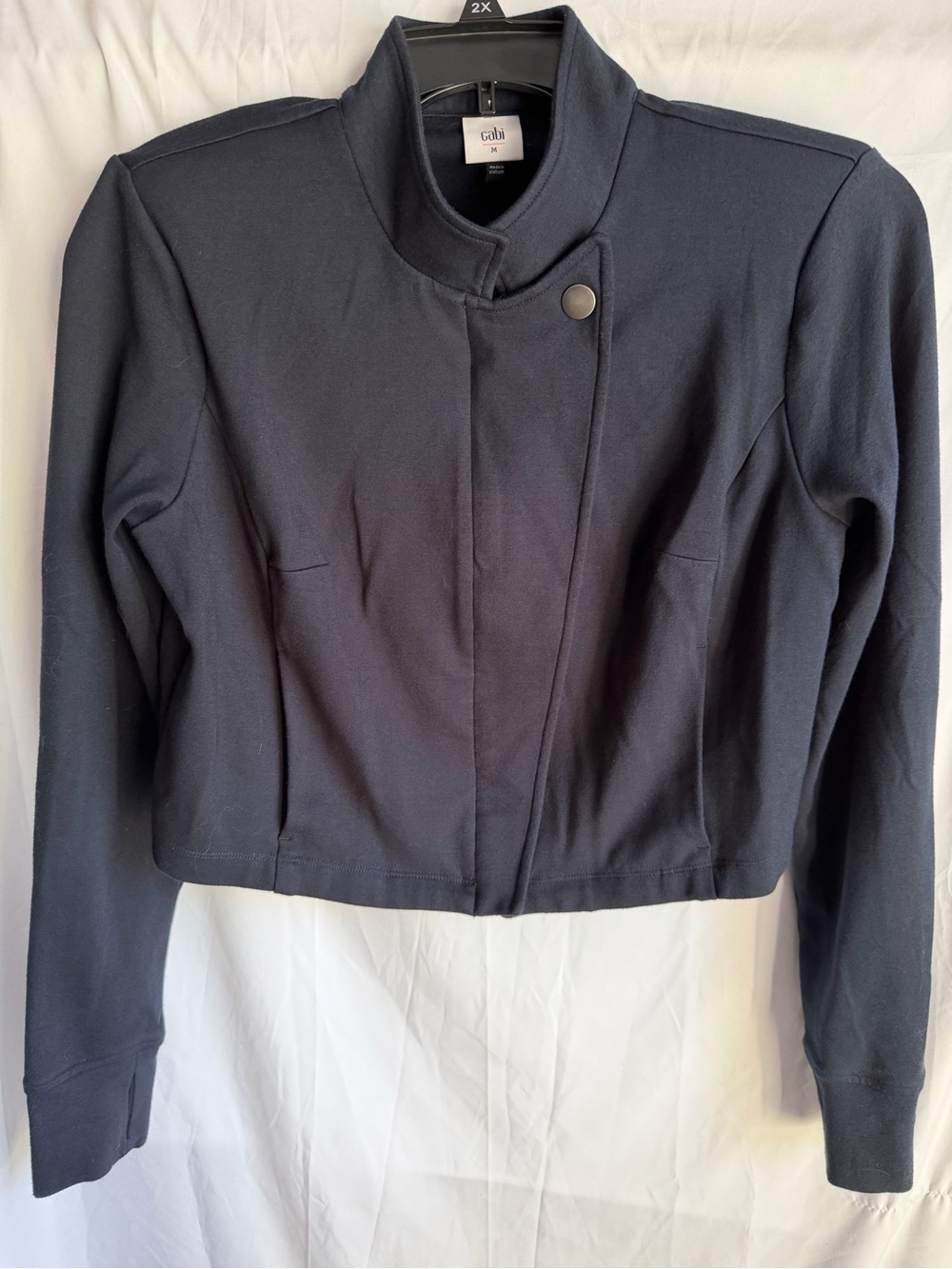 CAbi Admiral Jacket Medium Navy Zip Front Cropped Stretch Blazer Moto Style EUC